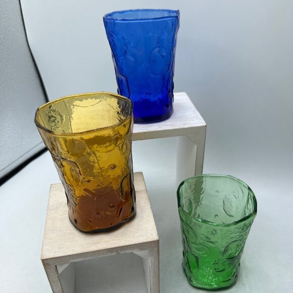 SENECA crystal DRIFTWOOD 1980 BLUE GREEN BROWNpattern Juice Glass Set of Three